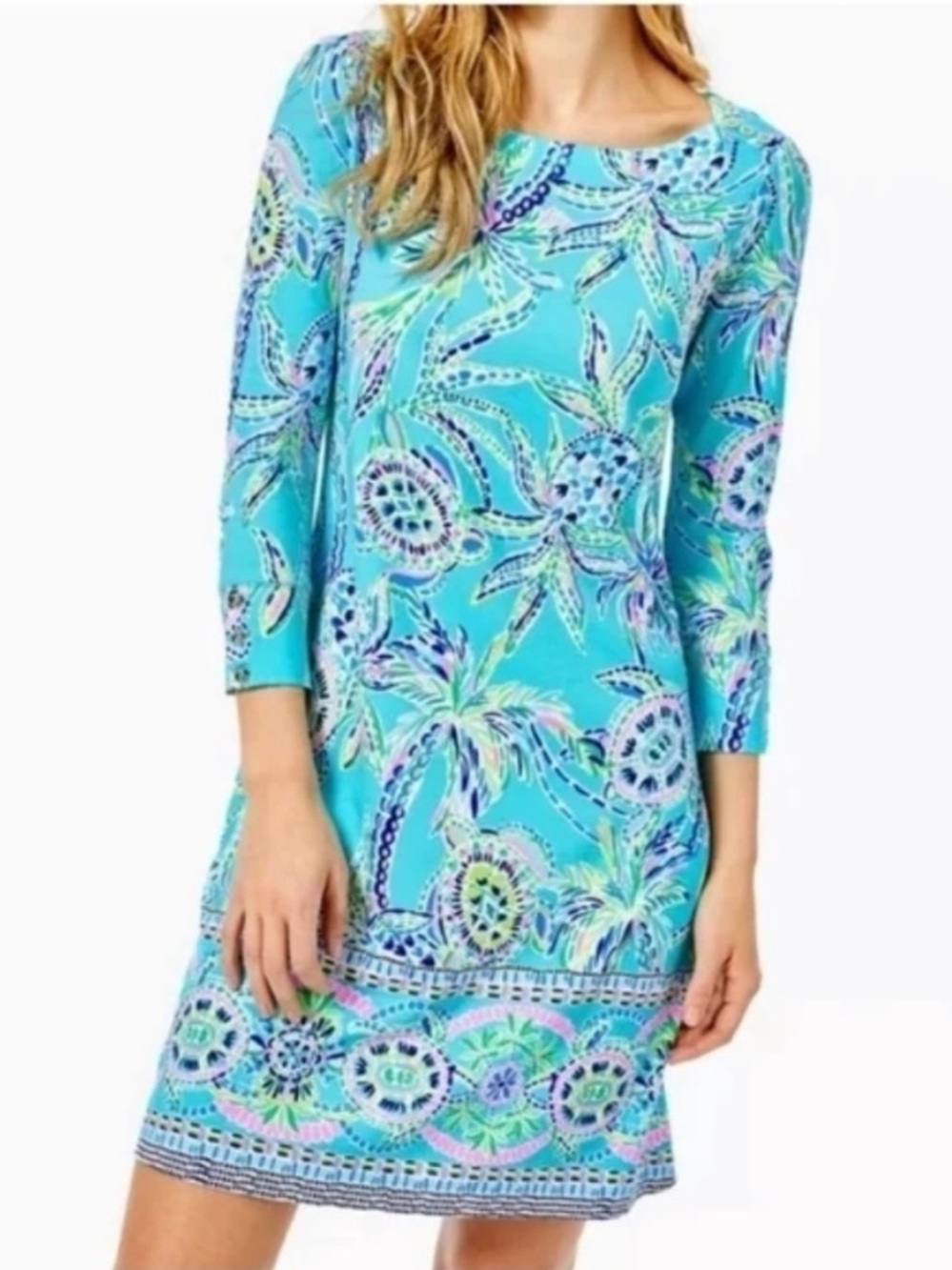 ·Lilly Pulitzer· Bermude Blue Turtle Boat Neck UPF50+ Sophie Dress Size XS